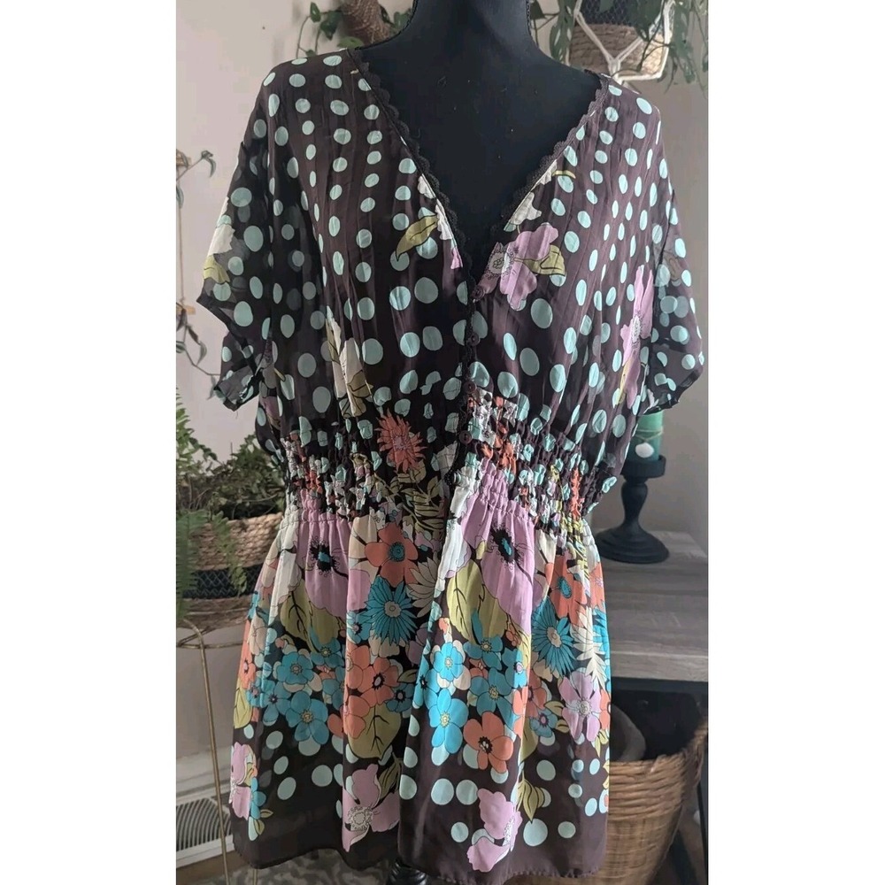 Notations Woman 2X Sheer Polka Dot Floral Button Down Elastic Waist Top Shirt